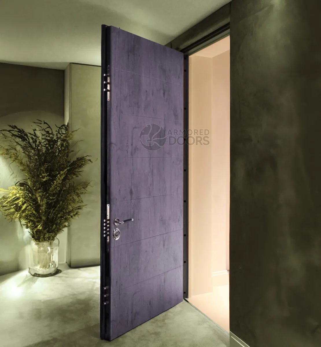 Armored steel safe-room interior door for high-security residential protection