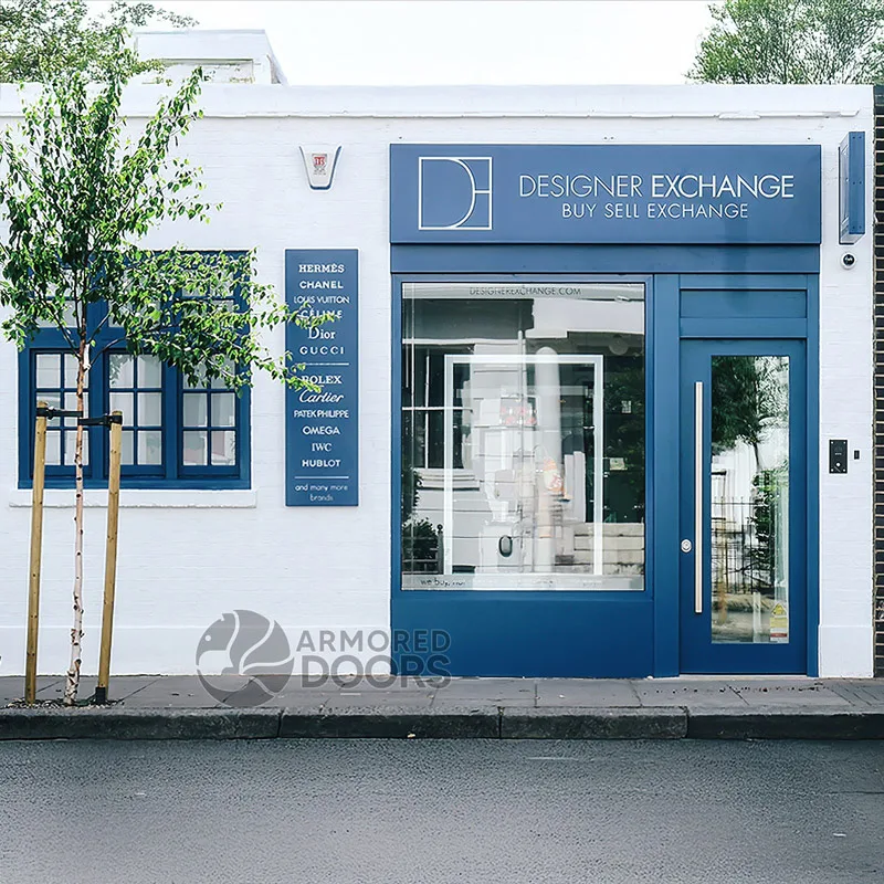 High-security ballistic armored storefront door with protected window display
