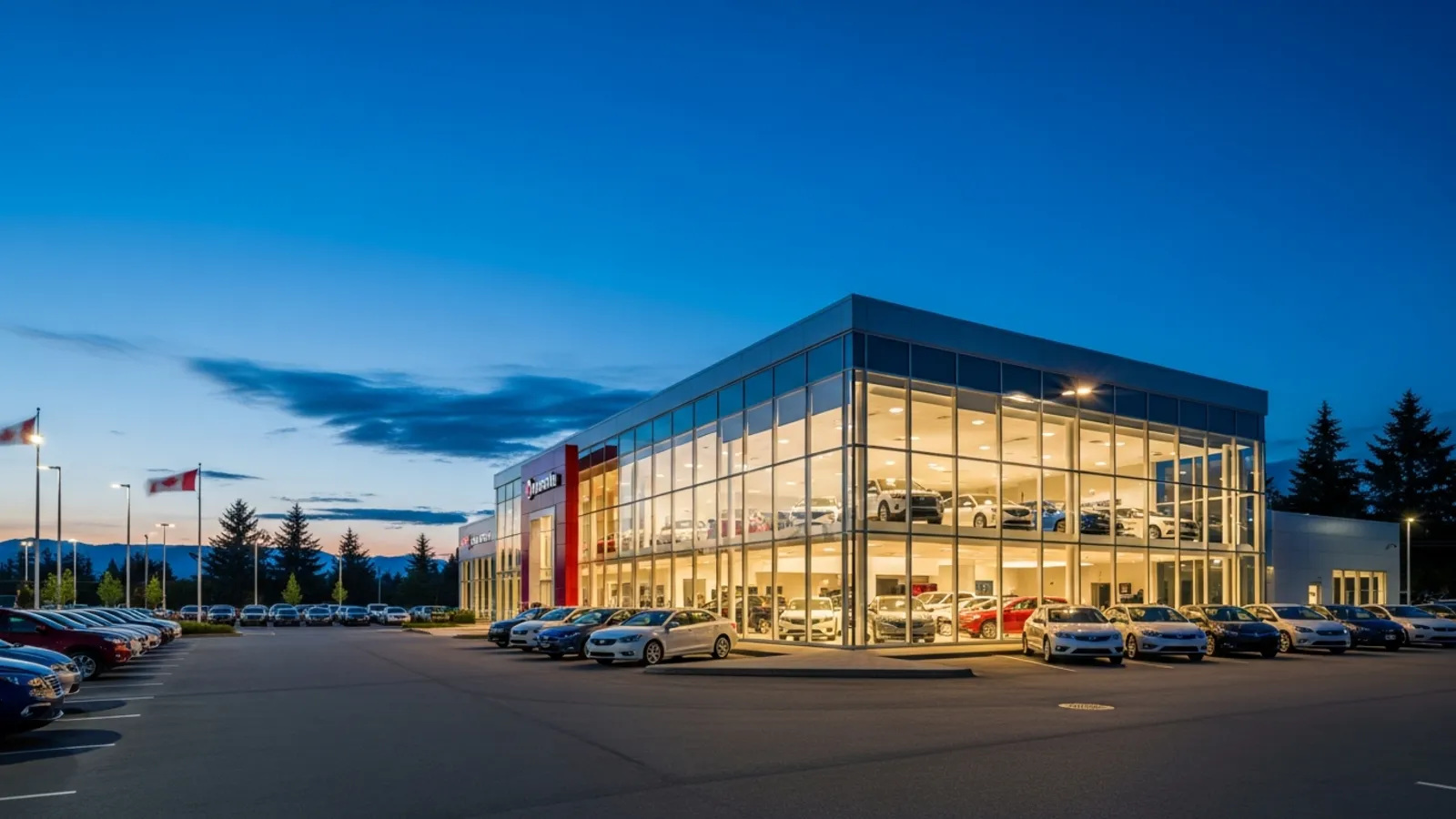 Car dealership showroom at dusk with a floor-to-ceiling glass curtain wall revealing vehicles inside