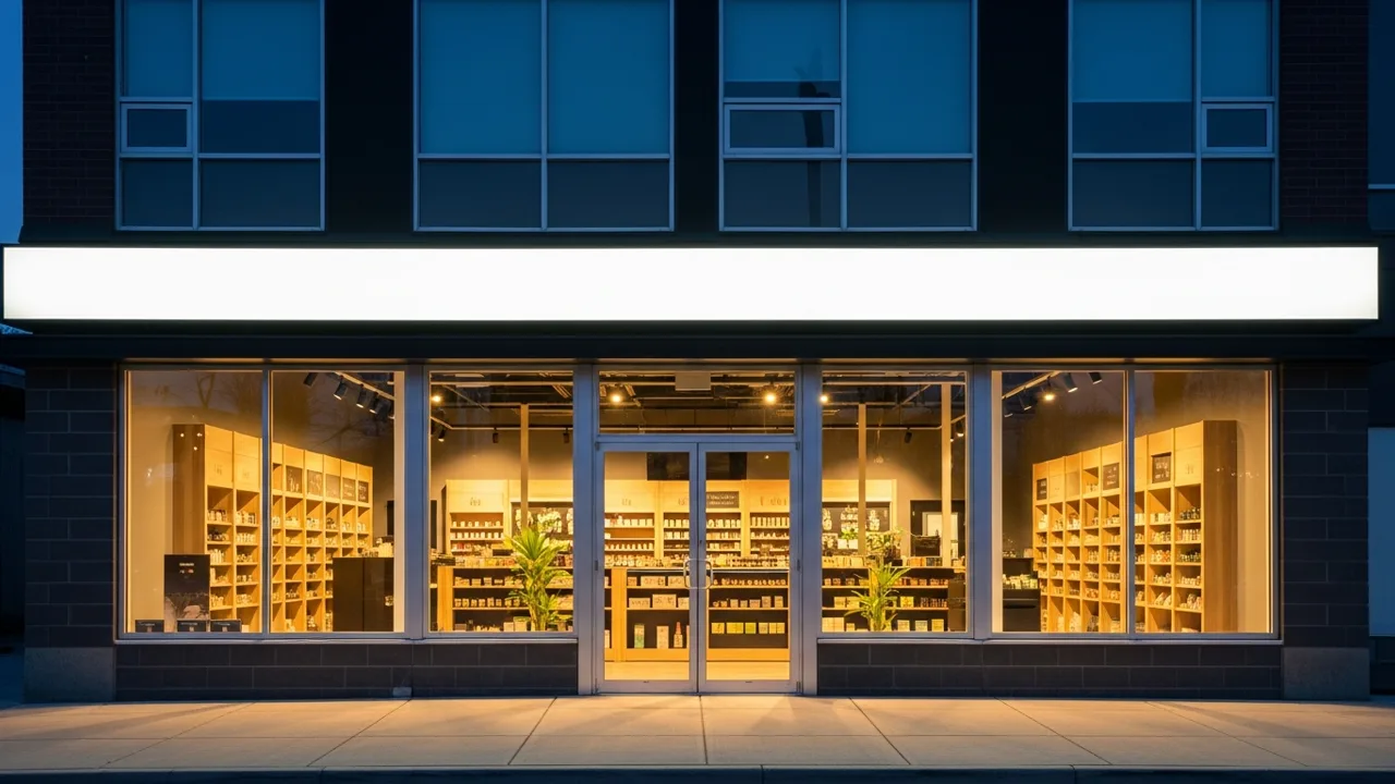 Modern cannabis dispensary storefront at dusk with large glass display windows in Western Canada