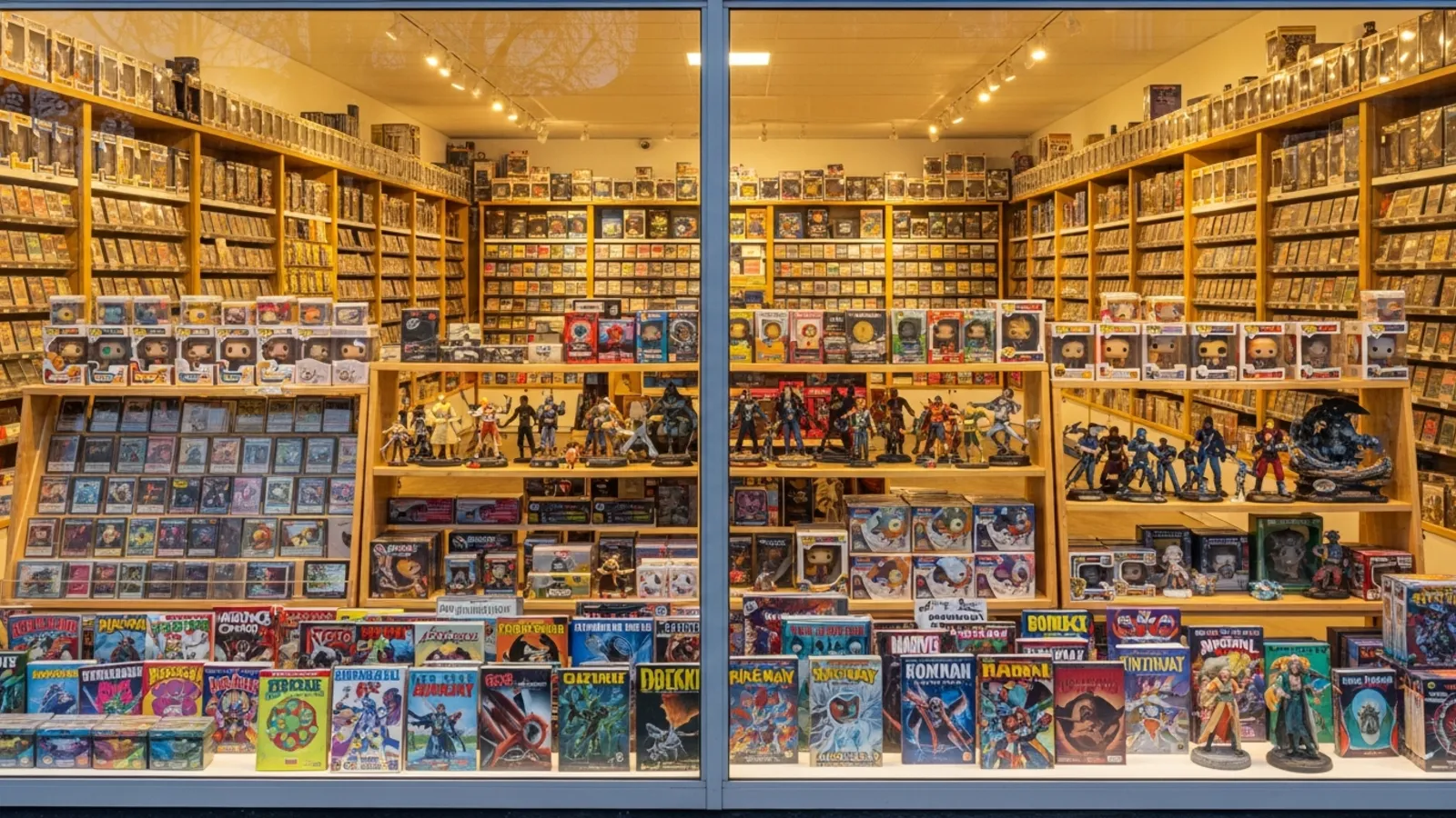 Collectibles and hobby shop interior with display cases of trading cards and figures seen through storefront glass