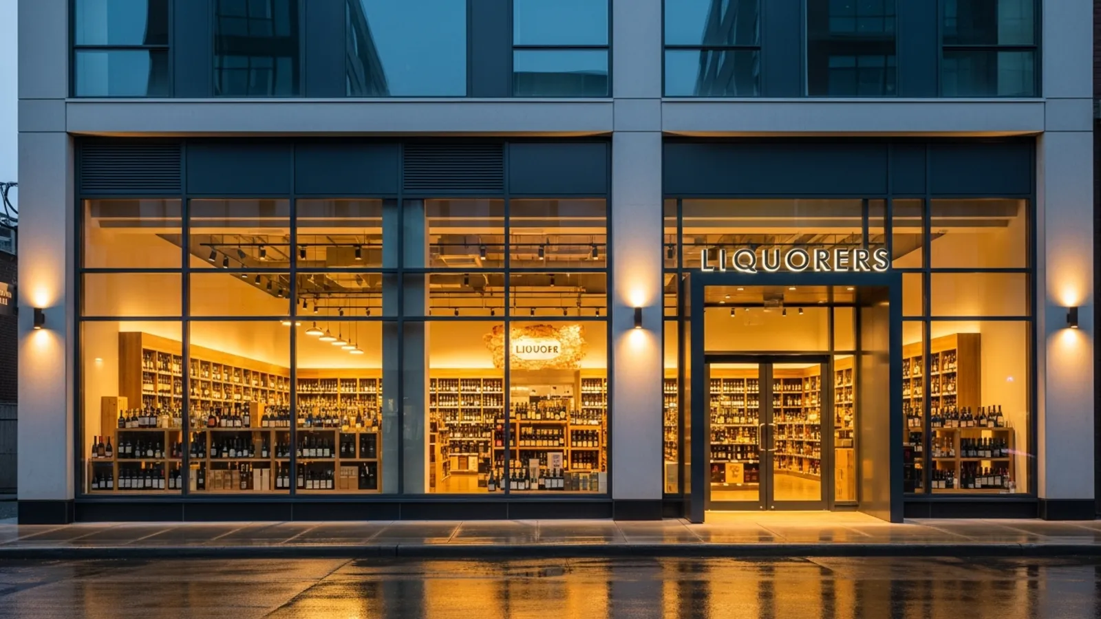 Liquor store storefront at dusk with large glass windows showing shelves of bottles