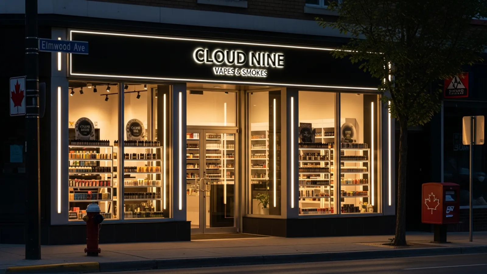 Vape and smoke shop storefront in the evening with illuminated product displays behind glass