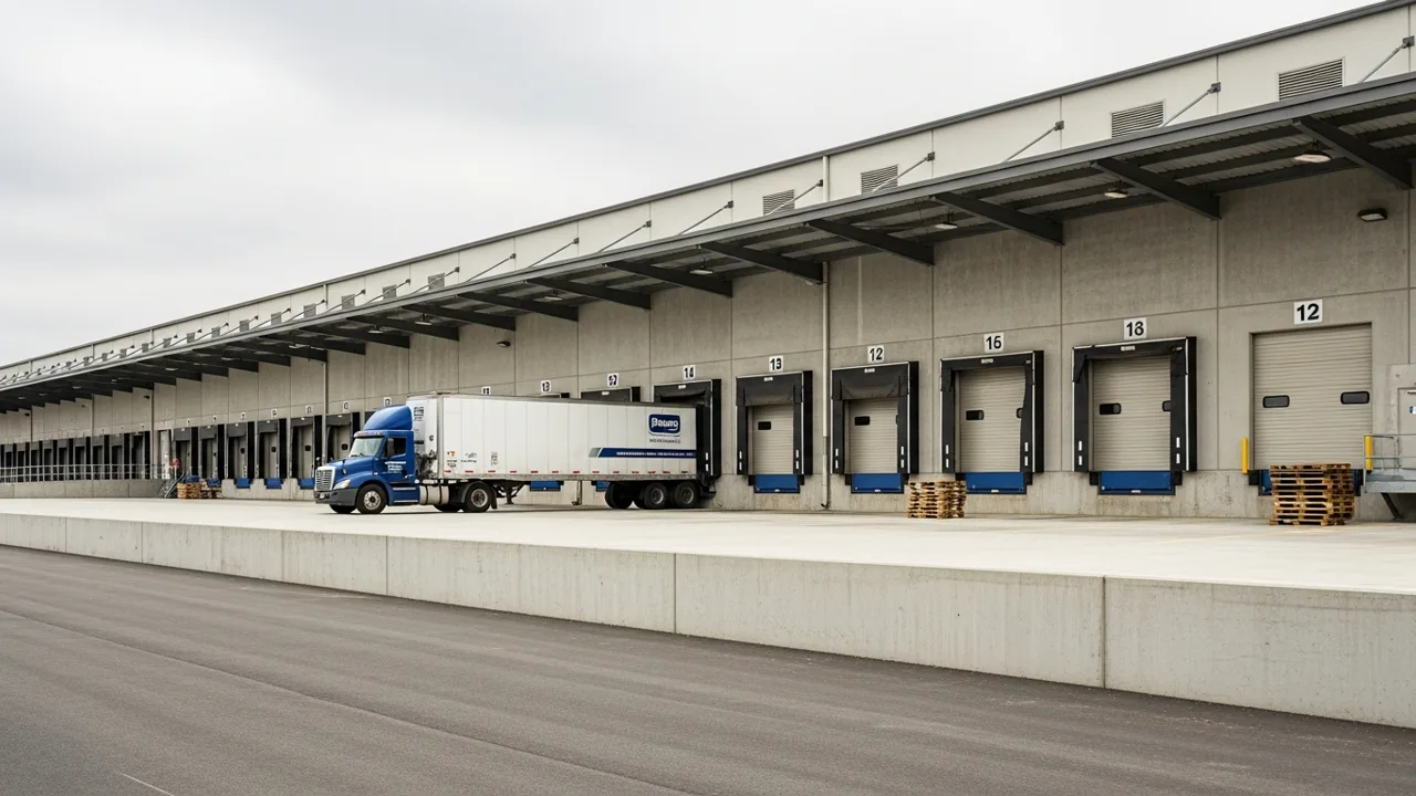 Warehouse and distribution centre loading bay with a row of dock doors